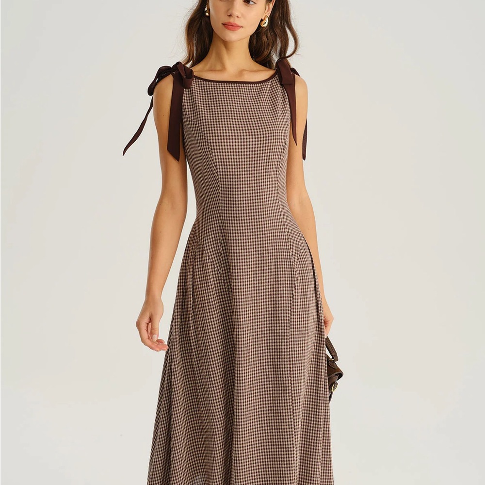 RIHOAS Brown Checkered Midi Dress